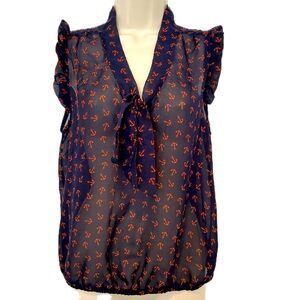 ⚓️ Nautical print, Tie neck, ruffle sleeve blouse. Polyester chiffon